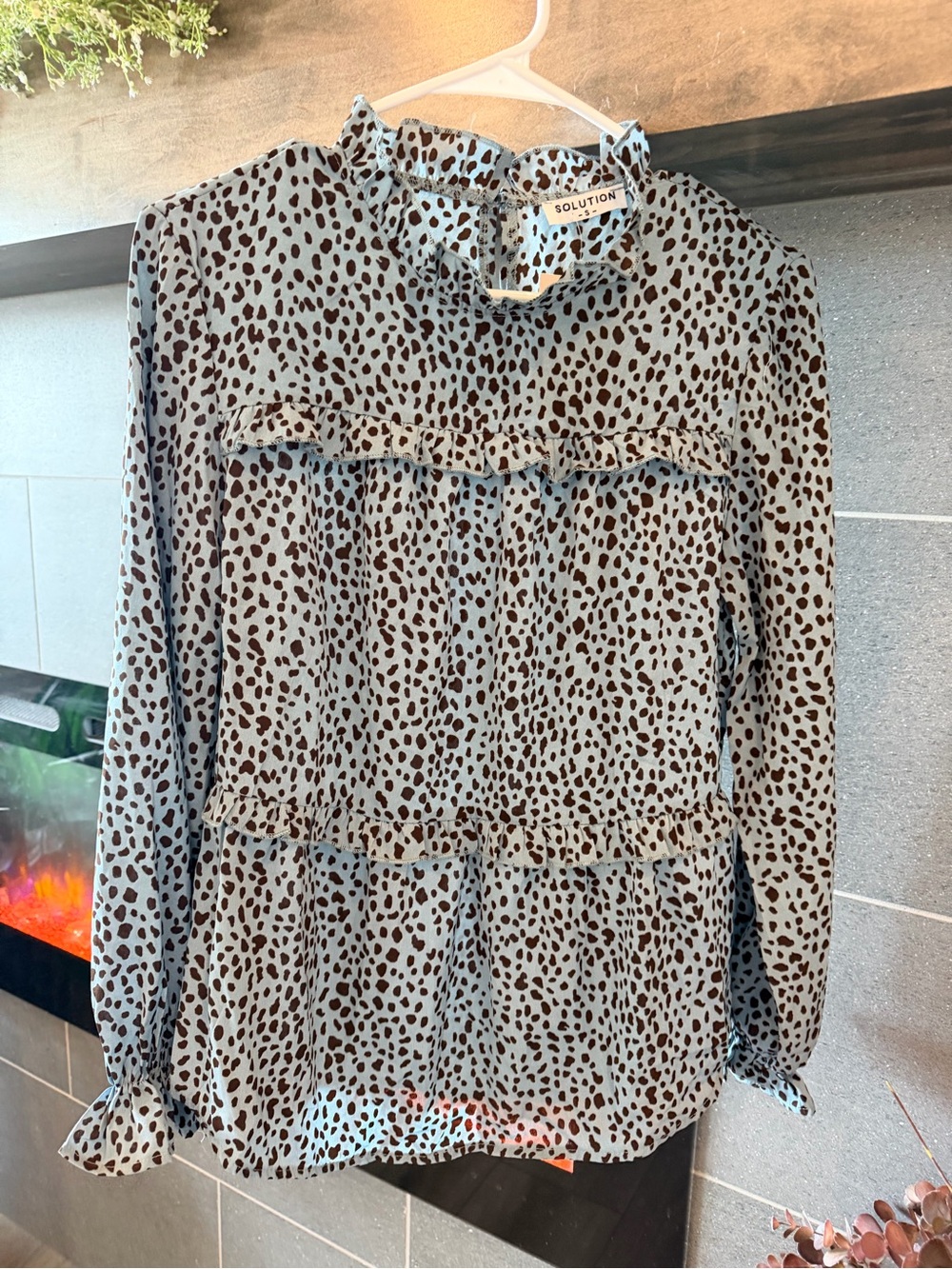 High-Neck Blue Leopard Print Ruffle Blouse - Picture 2 of 8